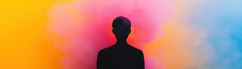 Silhouette of a person surrounded by multicolored smoke, representing the fluidity and evolving nature of identity in woke movements
