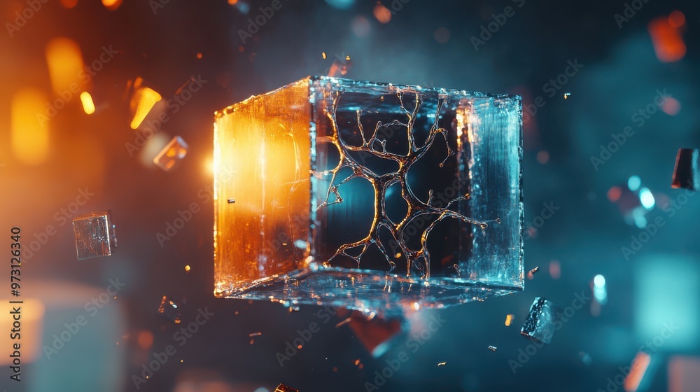Poster A glowing glass cube with a neural network pattern suspended inside, representing artificial intelligence, technology, and futuristic design.
