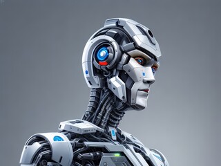 3d render of a robot,blue screen robot,Sleek, contemplative humanoid robot with blue LED eyes in polished silver finish.