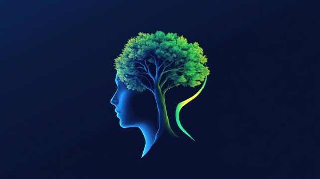 Abstract logo design, theme of psychology, prominent head shape, tree growing from head, symbolic brain. Generative AI