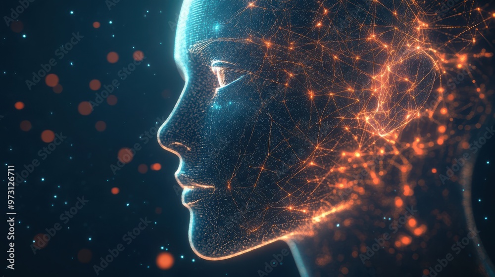 Poster Wireframe human head with glowing neural networks, showcasing intelligence in a futuristic minimal 3D style
