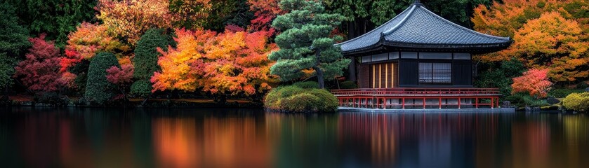 Obraz premium Tranquil Autumn Pavilion Reflecting in Still Water A Japanese Gardens Serenity