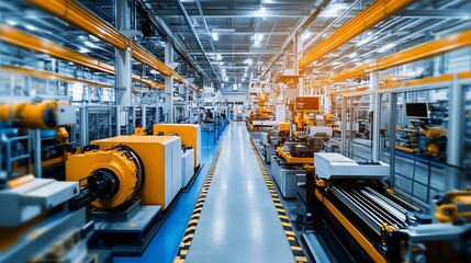 Well-organized factory interior showcasing automated machinery and safety zones, all brightly lit with sharp, clear details throughout the space