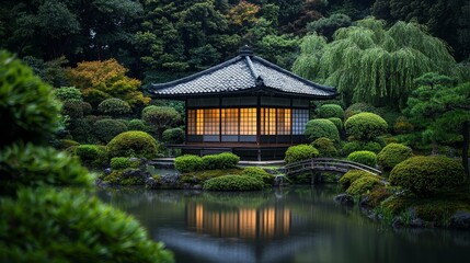 Obraz premium Tranquil Japanese Garden A Serene Pavilion Reflected in a Misty Pond Surrounded by Lush Greenery and a Stone Bridge