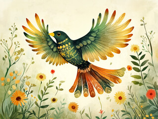 Naklejka premium illustrative drawing of a Bird of Paradise flying above flowers