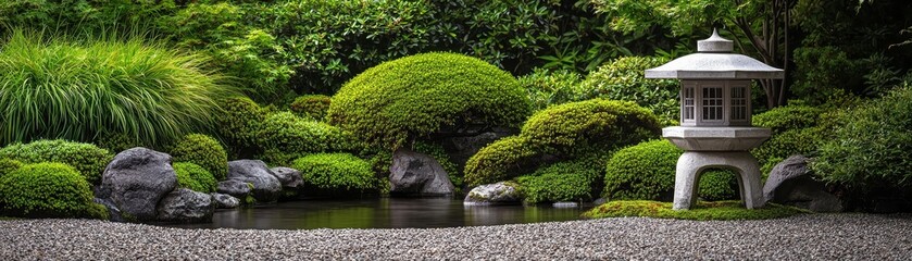 Tranquil Japanese Garden Stone Lantern and Pond Lush Greenery and Gravel Path Still Water Reflection