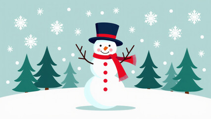 Cartoon snowman in snowy forest