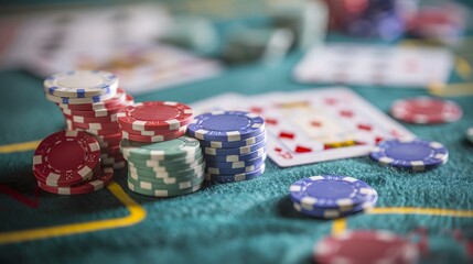 Fototapeta premium Cards and Chips: A poker scene with playing cards and a stack of colorful poker chips on a green felt table. 