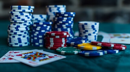 Naklejka premium Cards and Chips: A poker scene with playing cards and a stack of colorful poker chips on a green felt table. 