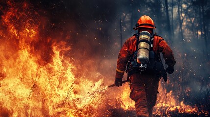 Fototapeta premium Brave fire fighter fighting with wildfire background.