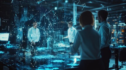 Corporate professionals in action, overlaid with a futuristic digital network interface