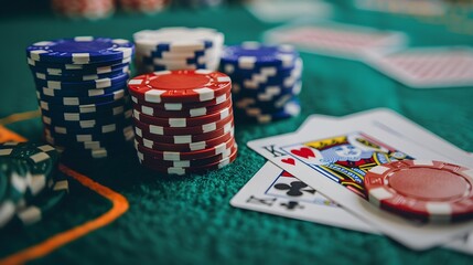 Cards and Chips: A poker scene with playing cards and a stack of colorful poker chips on a green felt table. 
