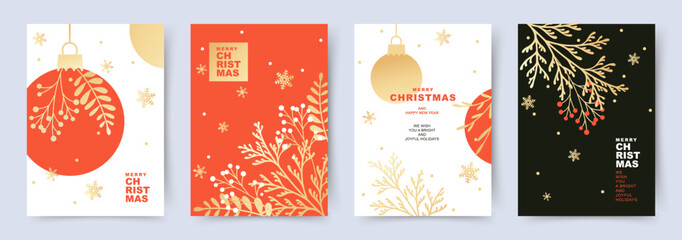 Merry Christmas and Happy New Year greeting card Set. Beautiful Xmas banner templates with Christmas tree branches, balls, snowflakes. Vector design for poster, cover, mobile app, social media, flyer