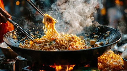 A dynamic image capturing the process of stir-frying Pad Thai noodles, showcasing movement and vibrant colors in a kitchen setting.