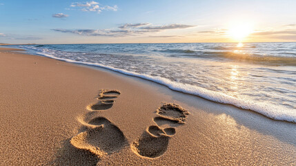A calm evening walk along beach with footprints in sand, as sun sets over tranquil ocean waves. serene atmosphere evokes sense of peace and reflection