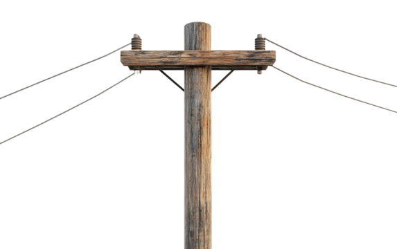 Rustic wooden utility pole isolated on white or transparent background