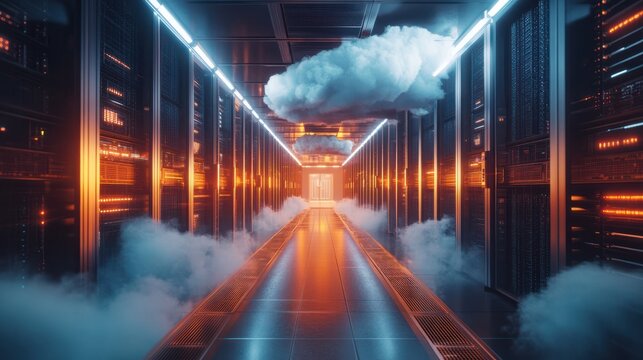 Data center with secure cloud locks, representing advanced digital protection and network security in a high-tech environment.