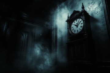 An antique grandfather clock stands in a darkened, misty room.