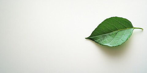 Fototapeta premium Tranquil Minimalism: Single Green Leaf on White Surface, Nature's Simplicity in Minimalist Still Life Composition