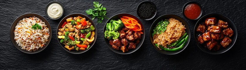 Overhead View of Six Black Bowls of Chinese Cuisine on Black Surface