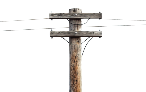 Rustic wooden utility pole isolated on white or transparent background