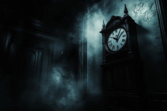 An antique grandfather clock stands in a darkened, misty room.