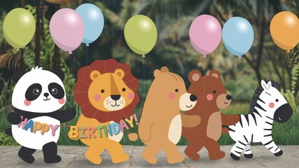 Naklejka premium Whimsical Animal Parade Celebrating With Happy Birthday Balloons