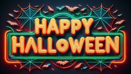 Spooky Retro Neon Sign Style: "Happy Halloween" in a vintage neon sign style with glowing orange and green letters. The text is surrounded by bats, spiders, and cobwebs