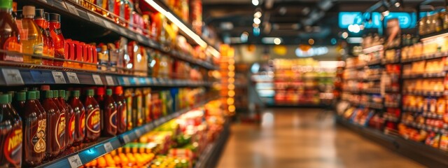 Supermarket Aisle with Colorful Bottles and Products on Shelves