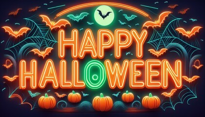 Spooky Retro Neon Sign Style: "Happy Halloween" in a vintage neon sign style with glowing orange and green letters. The text is surrounded by bats, spiders, and cobwebs