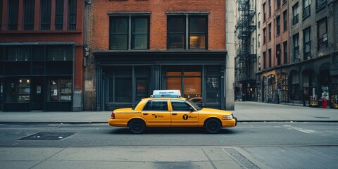 Fototapeta premium Solitary Yellow Taxi in Serene Urban Landscape - Minimalist Cityscape with One Cab Parked in Quiet Street