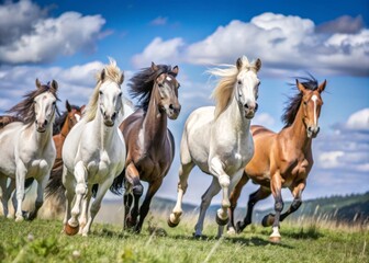 Obraz premium Horses Running Free in a Field A group of wild horses galloping through a wide open field, symbolizing freedom, strength, and untamed spirit.