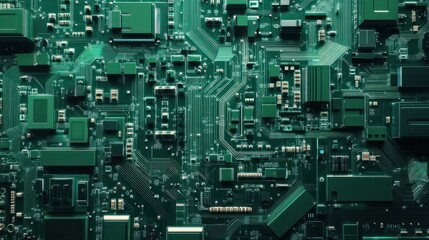 Fototapeta premium Futuristic green circuit board, intricate electronic components and pathways, white background, copy space