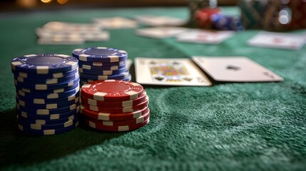 Cards and Chips: A poker scene with playing cards and a stack of colorful poker chips on a green felt table. 
