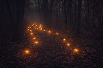 Obraz premium A Path of Glowing Lights Through a Dark and Foggy Forest