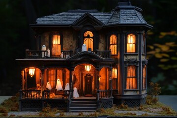 Fototapeta premium A Miniature Haunted Victorian House with Glowing Windows and Ghosts on the Porch
