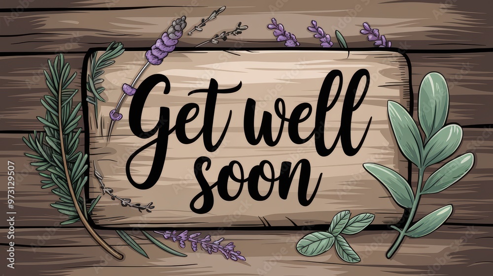 Wall mural Hand-Illustrated Get Well Soon Card with Floral Accents