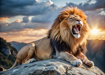 Lion Roaring on a Rocky Cliff A majestic male lion roaring on a rocky cliff at sunset, with its mane blowing in the wind, showcasing power and dominance.