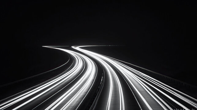 A mesmerizing night scene capturing flowing light trails on a dark highway, evoking speed and energy in urban landscapes.