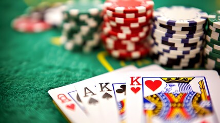 Cards and Chips: A poker scene with playing cards and a stack of colorful poker chips on a green felt table. 
