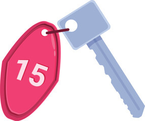 Hotel key with key fob showing number fifteen is isolated on white background