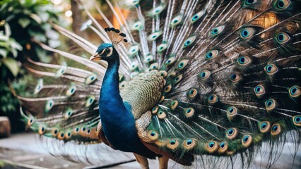 Obraz premium Peacock Displaying Feathers A peacock in full display mode, its iridescent feathers fanned out in a dazzling array of blues, greens, and purples, set against a tropical garden.
