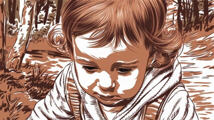 Illustration of a Thoughtful Child in a Nature Setting
