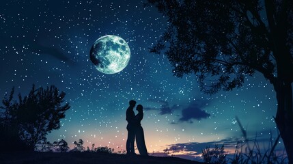 Obraz premium Romantic couple under moonlight a serene night sky filled with love and happiness