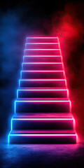 A vibrant neon staircase illuminated in pink and blue hues, creating a mesmerizing and dreamlike atmosphere.