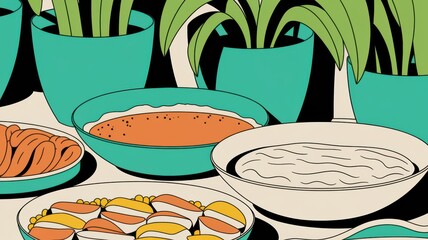 Colorful Dining Table Setup with Delicious Dishes and Plants