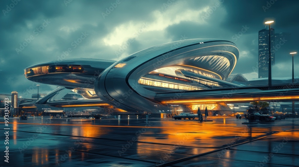 Wall mural A futuristic transport hub featuring sleek architecture and vibrant lighting against a moody sky.