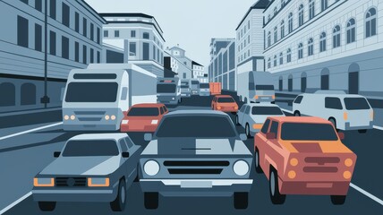 Fototapeta premium Stylized City Traffic Scene with Various Vehicles and Buildings