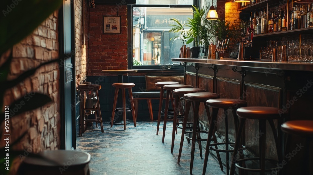 Wall mural Cozy bar interior with wooden stools and a warm ambiance.