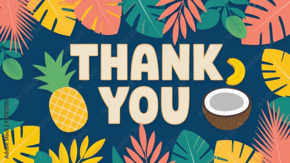 Sticker Tropical Thank You Card Featuring Pineapple and Coconut Designs